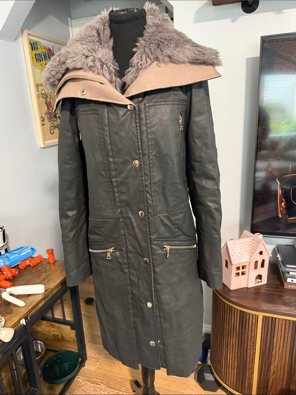 J Brand Gray Waxed Long Coat with Taupe Faux-Shearling Collar